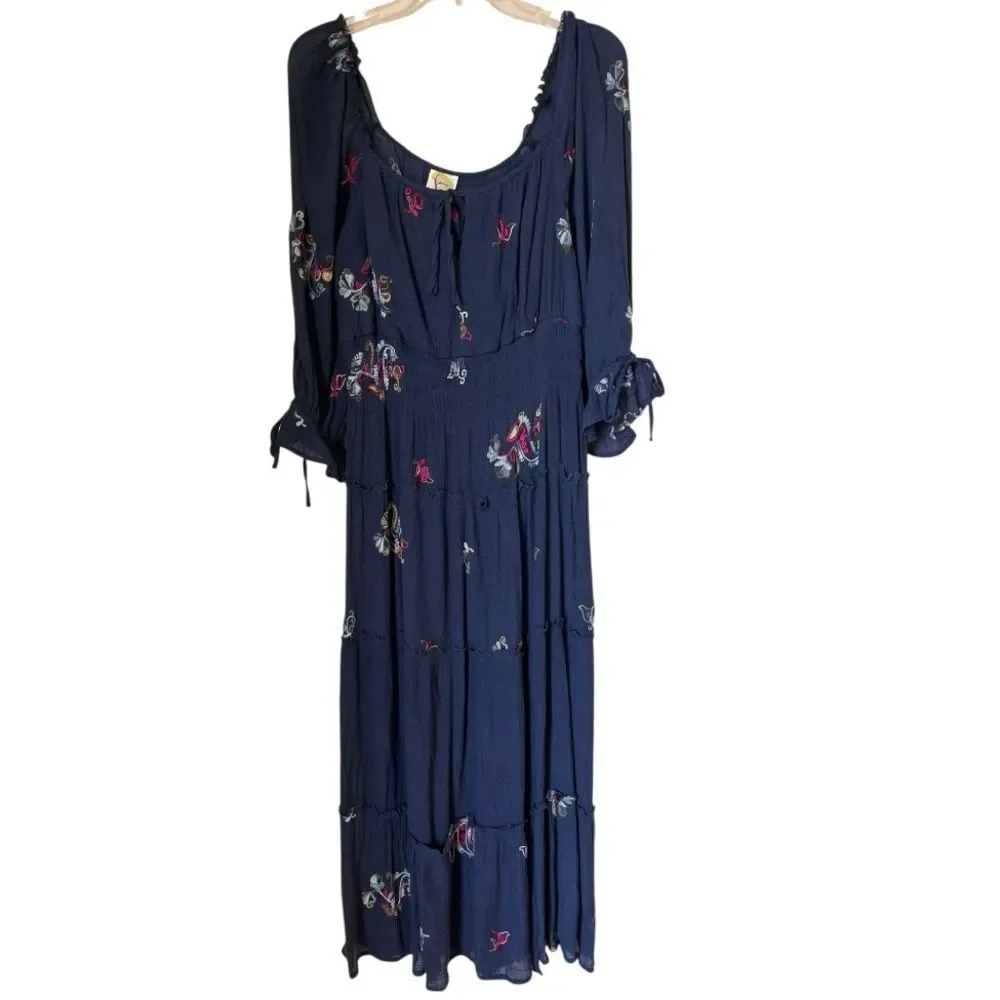 Fig and Flower Blue Embroidered Floral Tiered Modern Boho Maxi Peasant Dress L